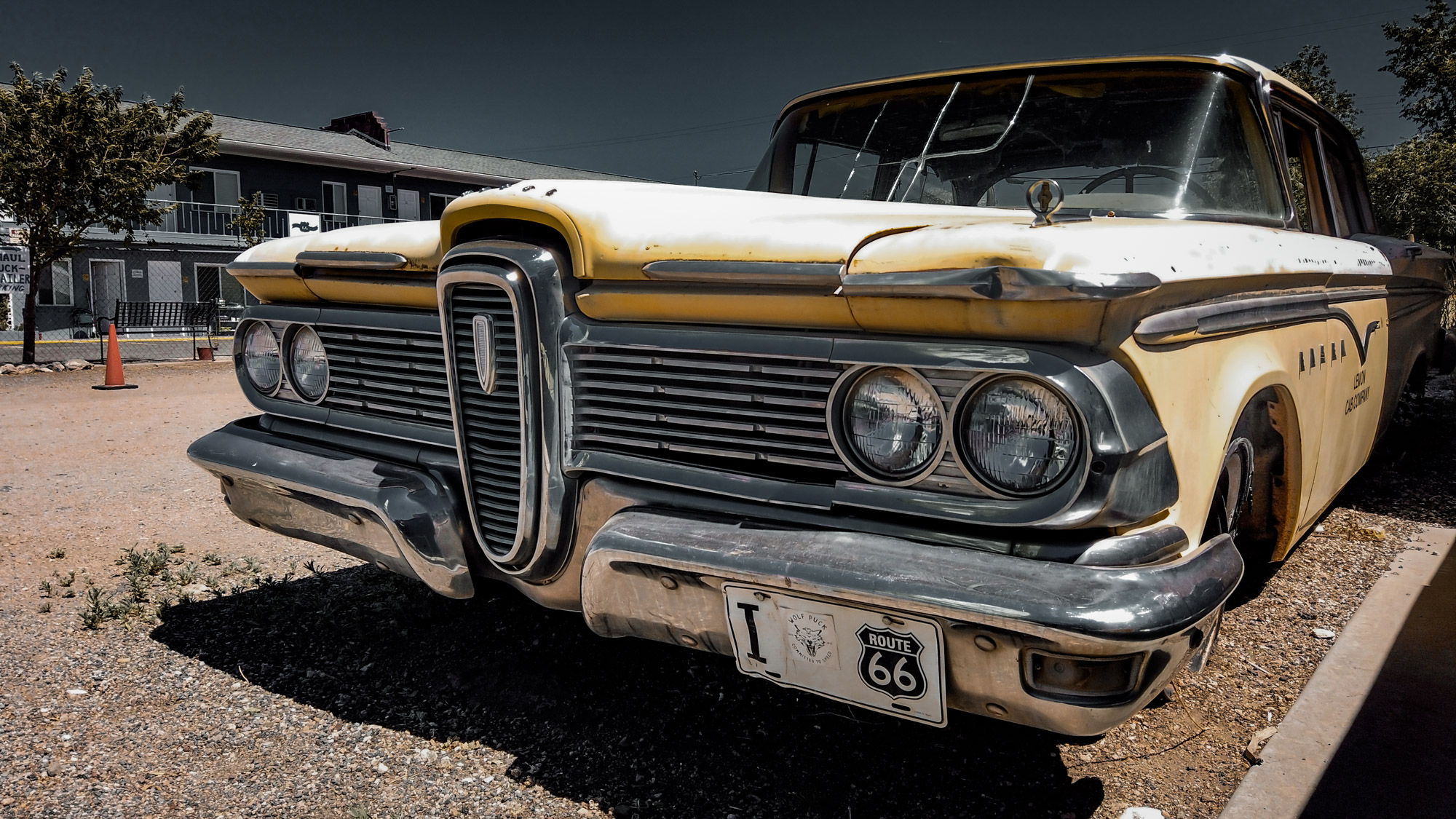 The Edsel line of cars was designed to honor a man who cherished design above all else. Yet, it was considered a failure upon launch, especially for its design. Ironically, time has been kind to the design of this car. The rust and patina adding a character and depth, giving it a gravitas it once lacked, as it watches over the remains of Route 66 - still holding strong due to preservation efforts in the town of Seligman, Arizona.